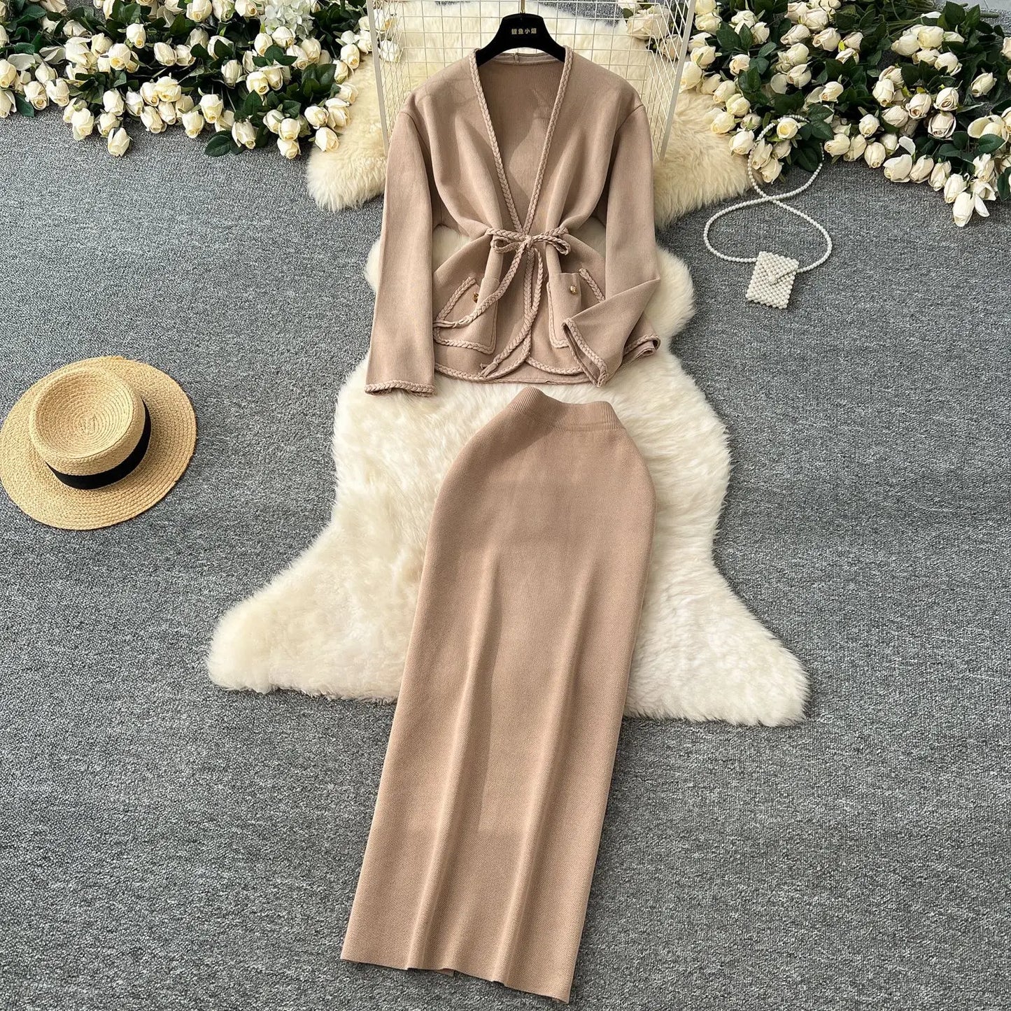 Skirt Set Women Two Piece Sets Dress Sets V Neck Coats Long Skirts High Waist Y2k Streetwear Elegant Splice Work Slim Fit Knit