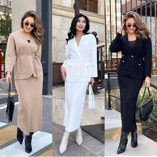 Skirt Set Women Two Piece Sets Dress Sets V Neck Coats Long Skirts High Waist Y2k Streetwear Elegant Splice Work Slim Fit Knit
