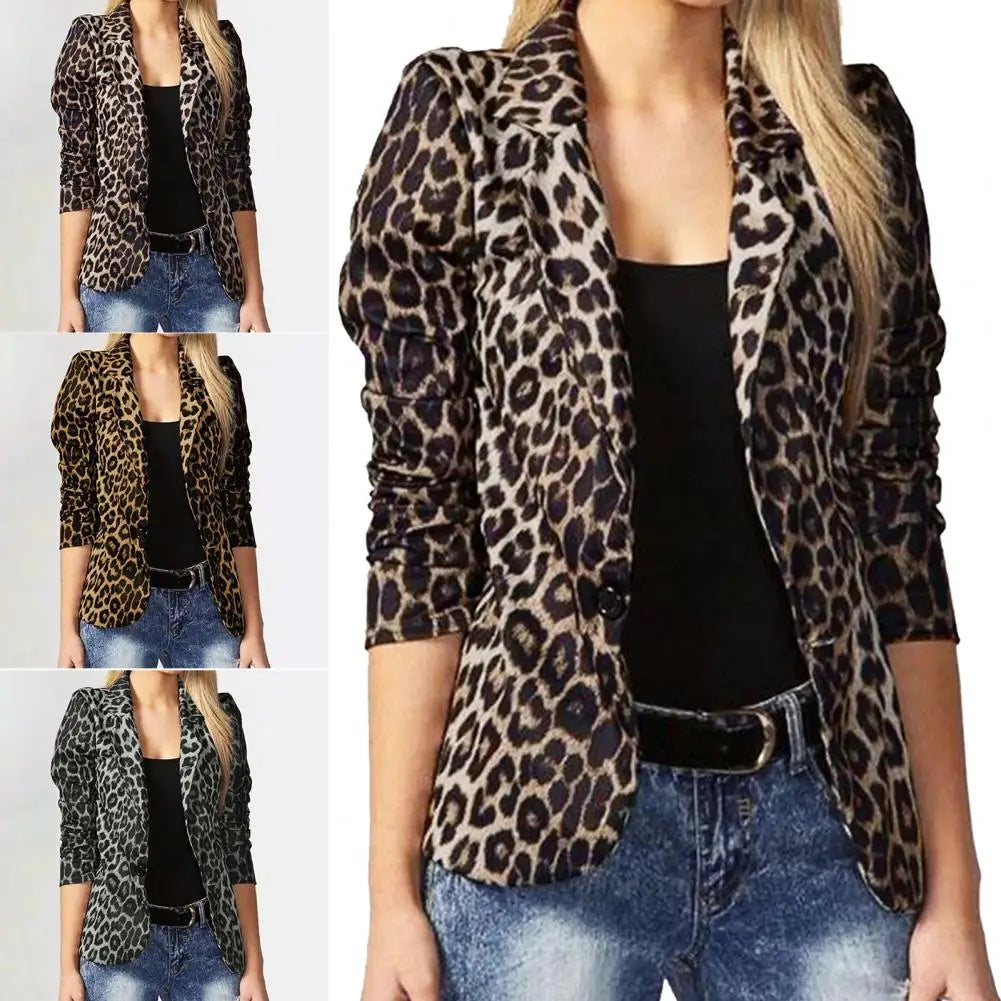 Women OL Fashion Ladies Office Suits Button Up Outwears Oversized 2024 Spring Summer Female Leopard Lapel Coats