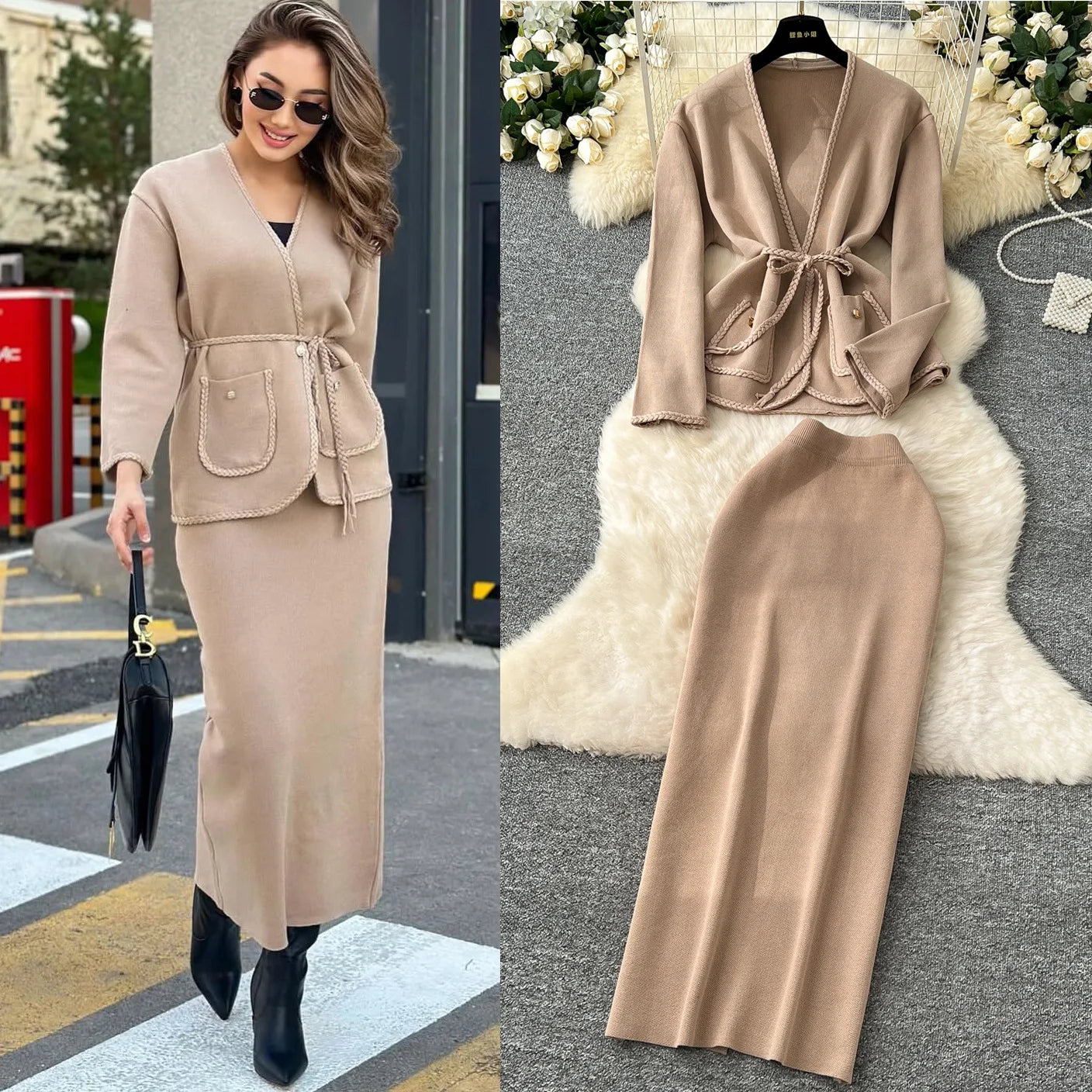 Skirt Set Women Two Piece Sets Dress Sets V Neck Coats Long Skirts High Waist Y2k Streetwear Elegant Splice Work Slim Fit Knit
