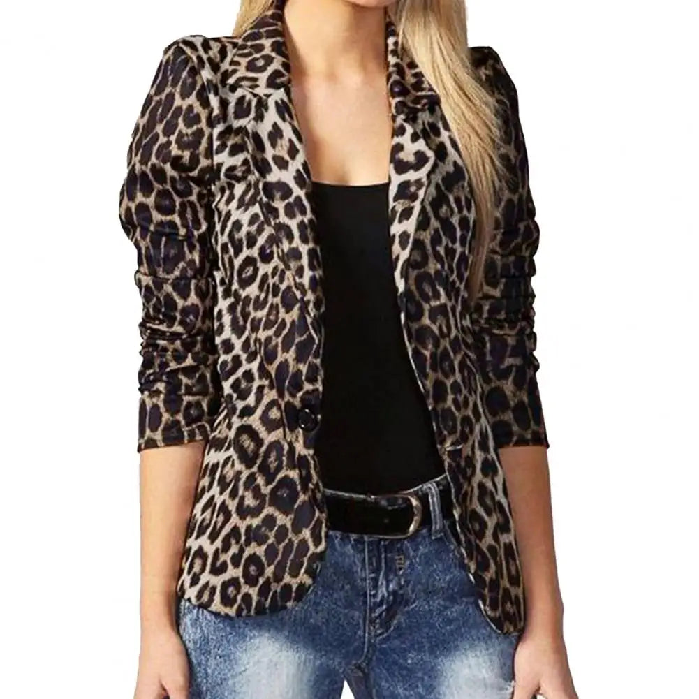Women OL Fashion Ladies Office Suits Button Up Outwears Oversized 2024 Spring Summer Female Leopard Lapel Coats