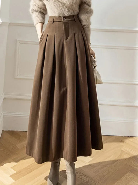 Women Maxi Skirt Elegant Office Lady Long Skirt Autumn Winter Warm Pleated Skirts Ladies Casual Loose A-Line Skirt Female