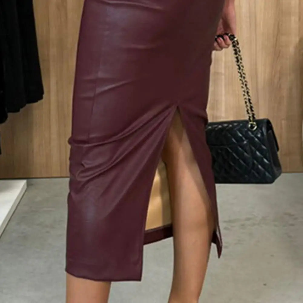 Women Skirt Elegant High-waist Midi Skirt Imitation Leather with Back Slit Design for Parties Wear Women's Slim Fit Solid Color