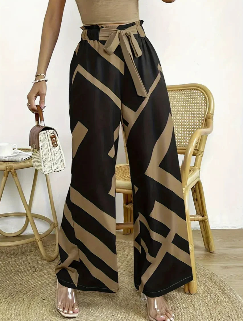 Geometric Pattern Print Wide Leg Pants Casual Loose Bow Front High Waist Pants For Every Day, Women's Clothing
