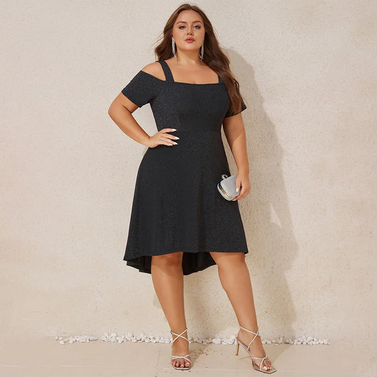 Plus Size Women's Elegant Cold Shoulder A-Lined Midi Dress Ladies Banquet Evening Party Cocktail Ball Gown Sundress Size 0XL-5XL