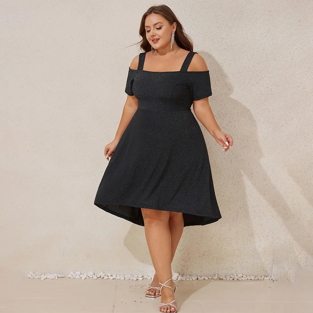 Plus Size Women's Elegant Cold Shoulder A-Lined Midi Dress Ladies Banquet Evening Party Cocktail Ball Gown Sundress Size 0XL-5XL