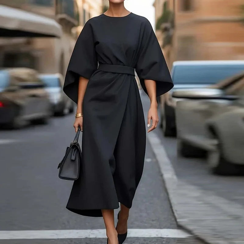 Women Elegant Party Dress O Neck Solid Bat Sleeve A-Line Long Dress Women Spring Summer High Waist Lady Office Dress
