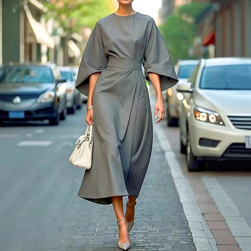 Women Elegant Party Dress O Neck Solid Bat Sleeve A-Line Long Dress Women Spring Summer High Waist Lady Office Dress
