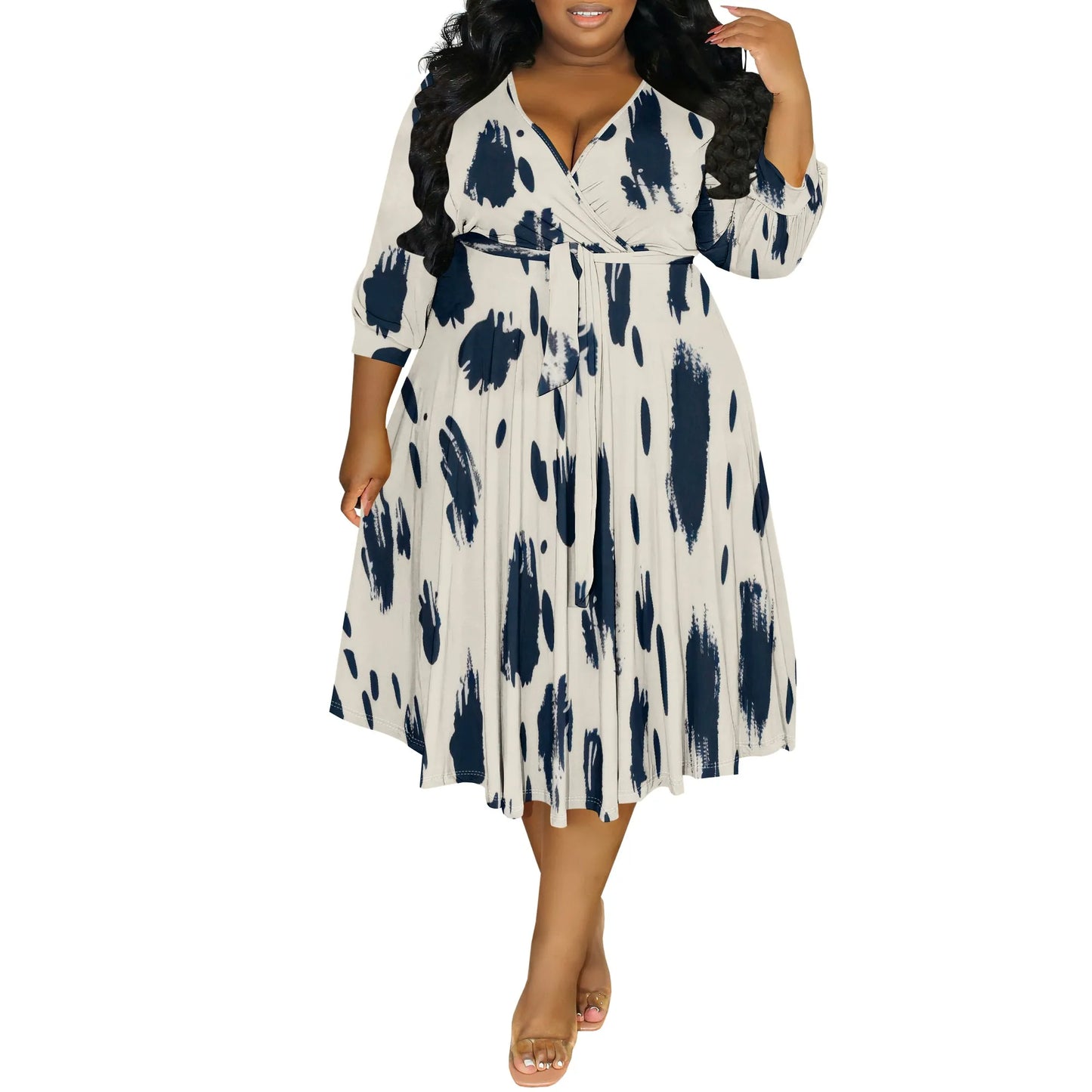Women's Plus Size Abstract Print Pleated Midi Dress V-Neck 3/4 Sleeve Spring Summer Casual Party XL-6XL
