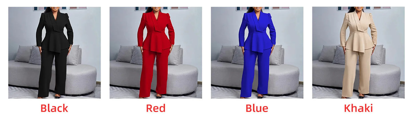 Women Two Pieces Set Elegant Long Sleeves Tops High Waist Pants Trousers Modest Office Ladies Work Wear Business Suit New