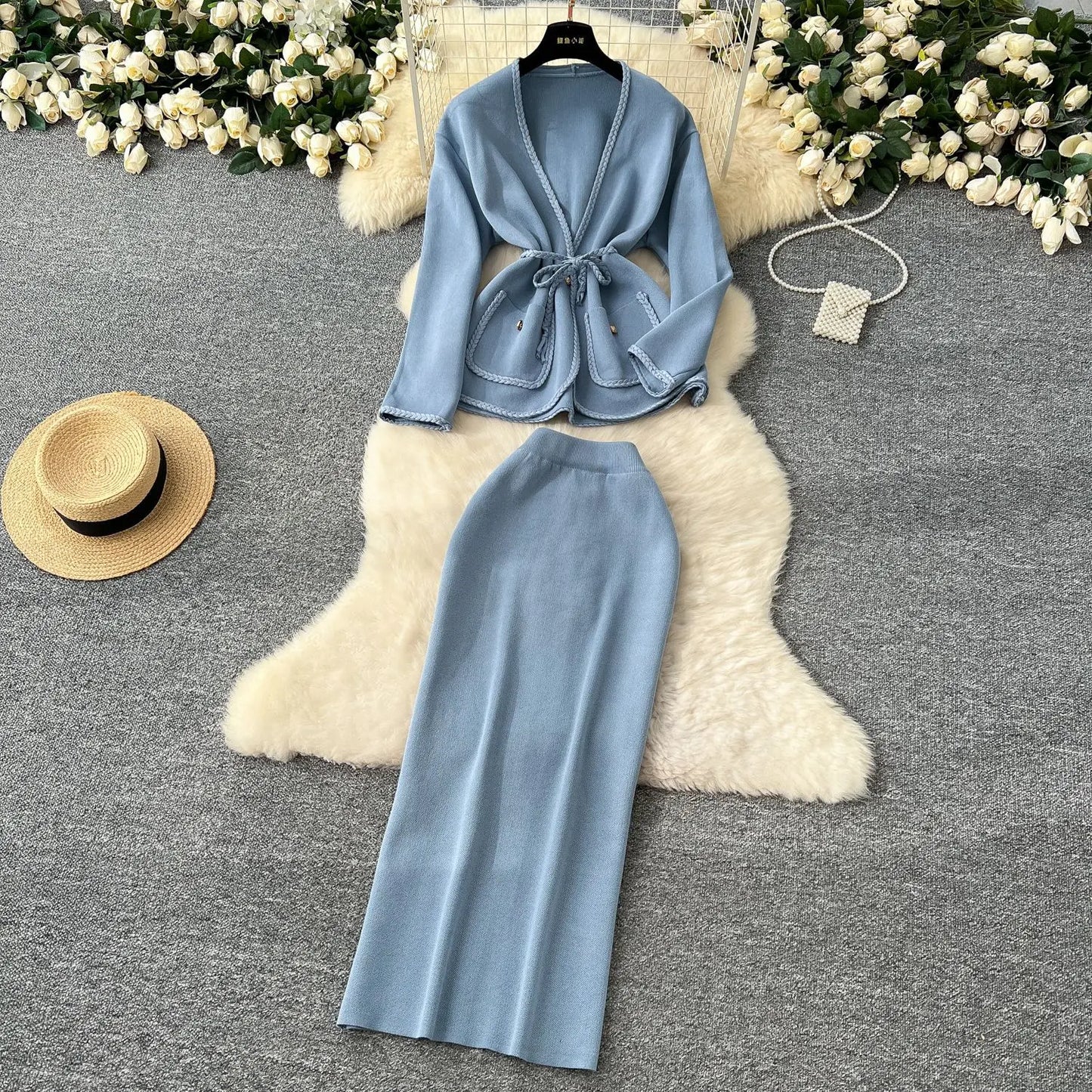 Skirt Set Women Two Piece Sets Dress Sets V Neck Coats Long Skirts High Waist Y2k Streetwear Elegant Splice Work Slim Fit Knit