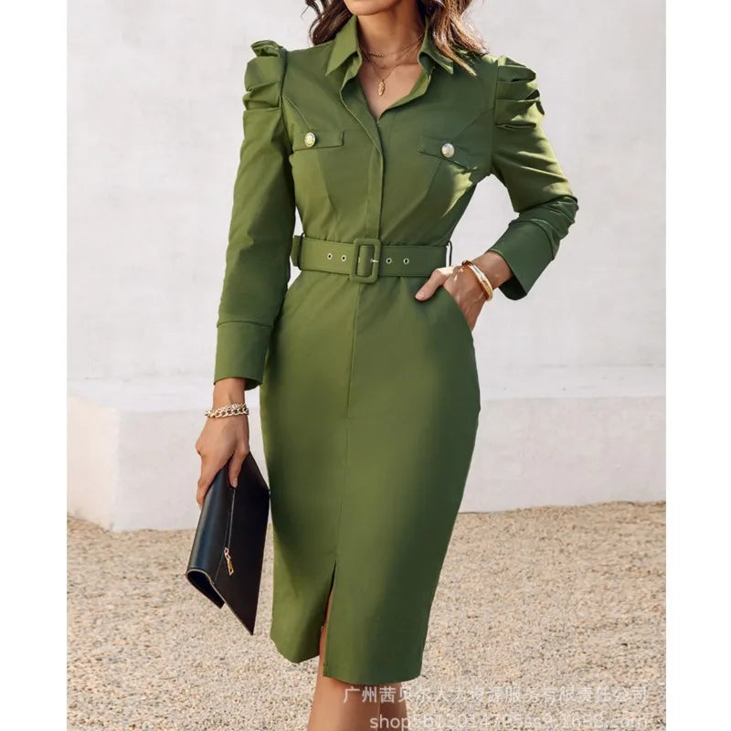Women Elegant Turn-Down Collar Midi Dresses Autumn Long Flutter Sleeve Slim Fit Mid-Calf Dress With Slit Fashion Female