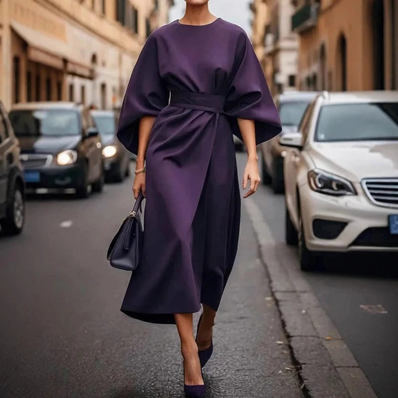 Women Elegant Party Dress O Neck Solid Bat Sleeve A-Line Long Dress Women Spring Summer High Waist Lady Office Dress