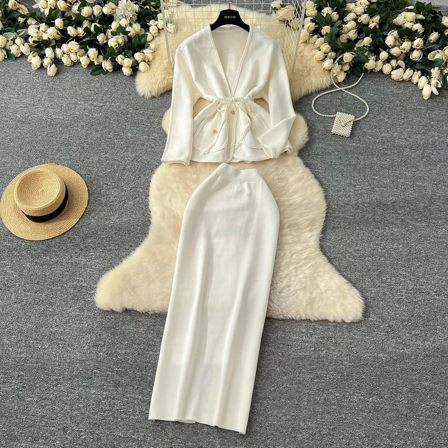 Skirt Set Women Two Piece Sets Dress Sets V Neck Coats Long Skirts High Waist Y2k Streetwear Elegant Splice Work Slim Fit Knit