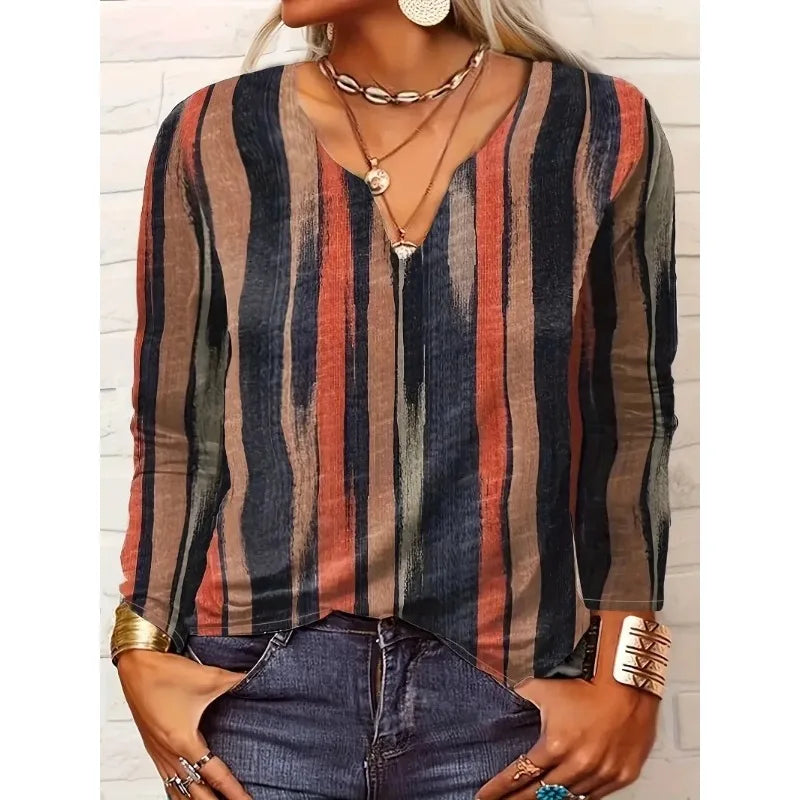 Women's Plus Size 1XL-8XL Casual Comfortable Long Sleeve Top Fashion V-neck Striped Breathable T-shirt Women