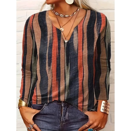 Women's Plus Size 1XL-8XL Casual Comfortable Long Sleeve Top Fashion V-neck Striped Breathable T-shirt Women