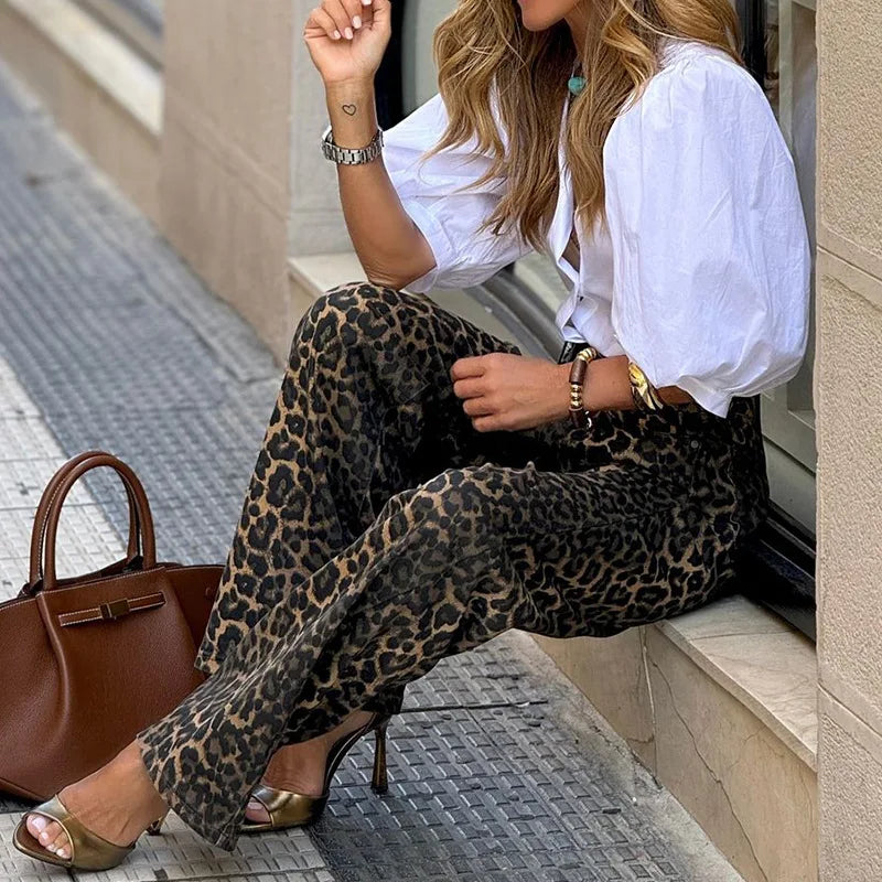 2024 Women Elegant Leopard Print Loose Straight Pants Chic Sexy Fashion High Waist Wide Leg Trousers Streetwear
