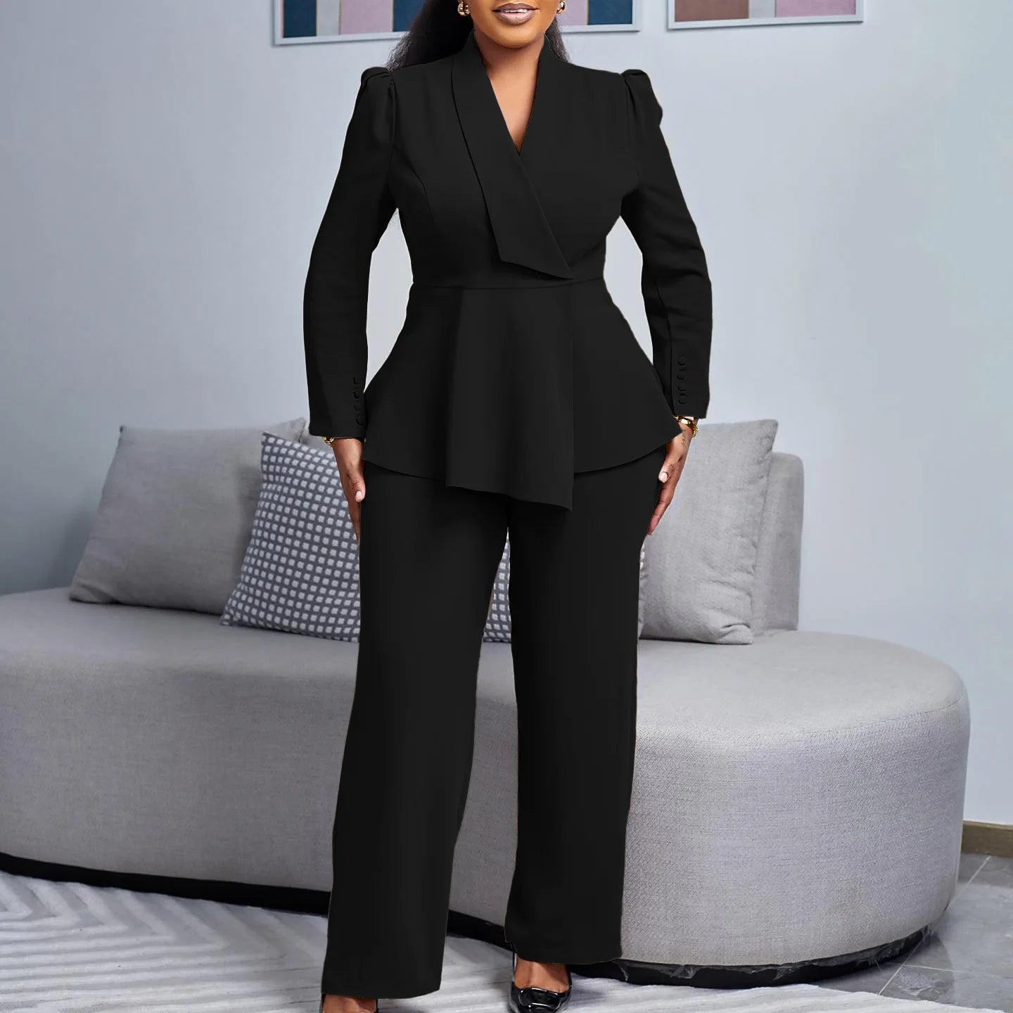 Women Two Pieces Set Elegant Long Sleeves Tops High Waist Pants Trousers Modest Office Ladies Work Wear Business Suit New