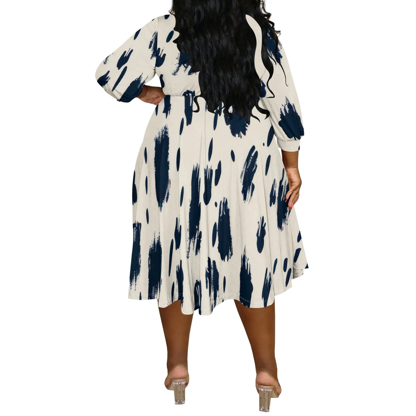 Women's Plus Size Abstract Print Pleated Midi Dress V-Neck 3/4 Sleeve Spring Summer Casual Party XL-6XL