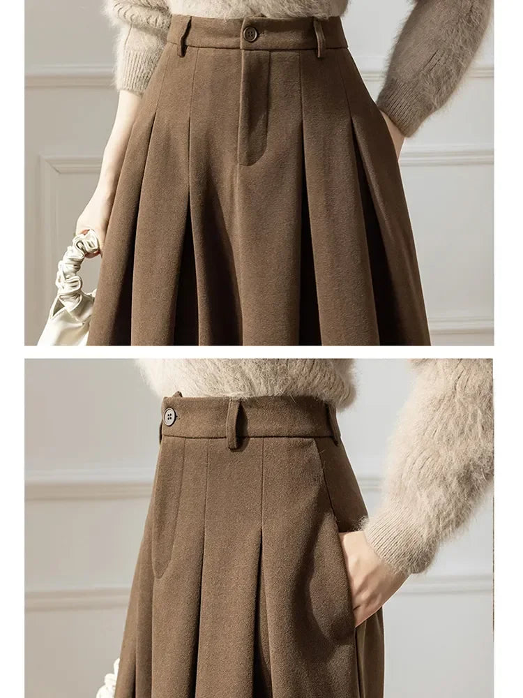 Women Maxi Skirt Elegant Office Lady Long Skirt Autumn Winter Warm Pleated Skirts Ladies Casual Loose A-Line Skirt Female