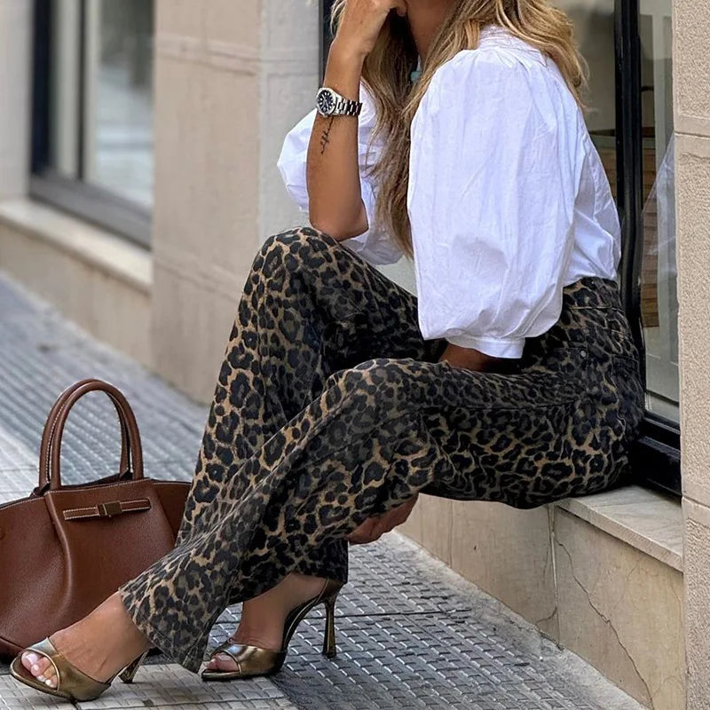 2024 Women Elegant Leopard Print Loose Straight Pants Chic Sexy Fashion High Waist Wide Leg Trousers Streetwear