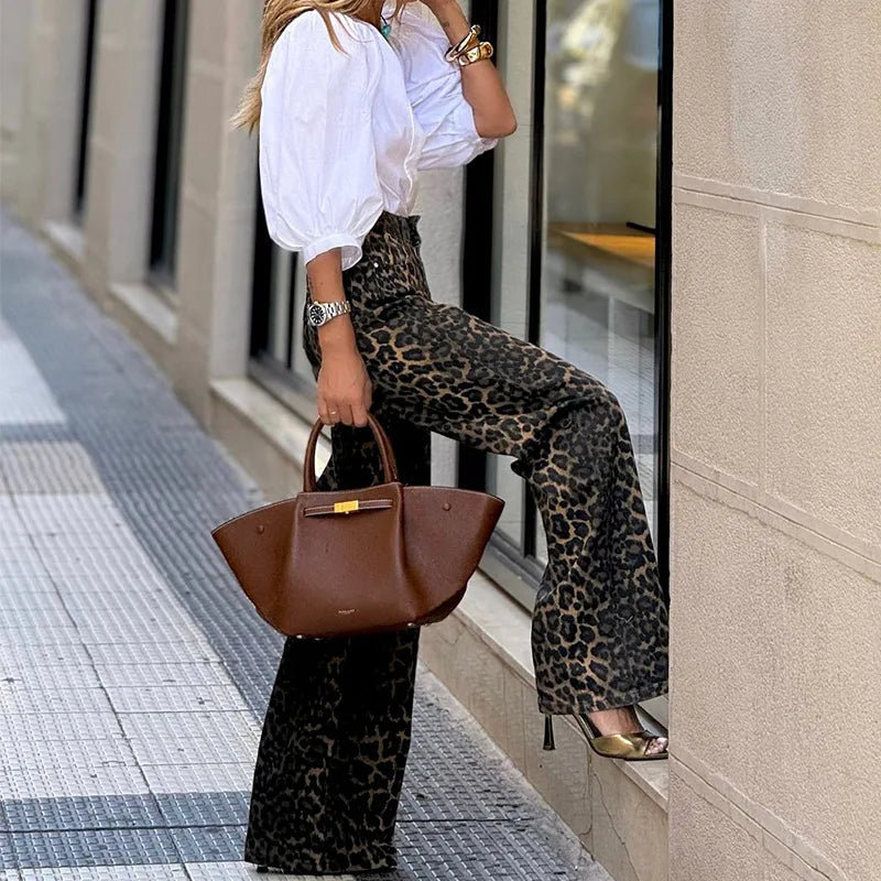 2024 Women Elegant Leopard Print Loose Straight Pants Chic Sexy Fashion High Waist Wide Leg Trousers Streetwear
