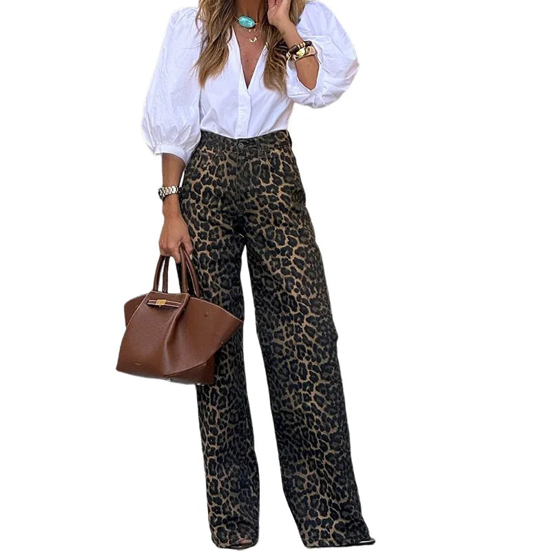 2024 Women Elegant Leopard Print Loose Straight Pants Chic Sexy Fashion High Waist Wide Leg Trousers Streetwear