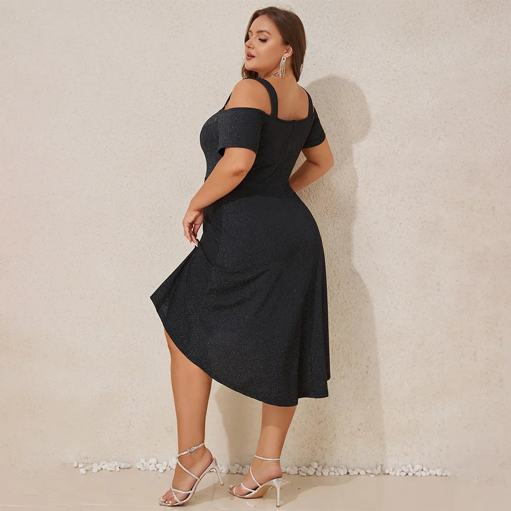 Plus Size Women's Elegant Cold Shoulder A-Lined Midi Dress Ladies Banquet Evening Party Cocktail Ball Gown Sundress Size 0XL-5XL