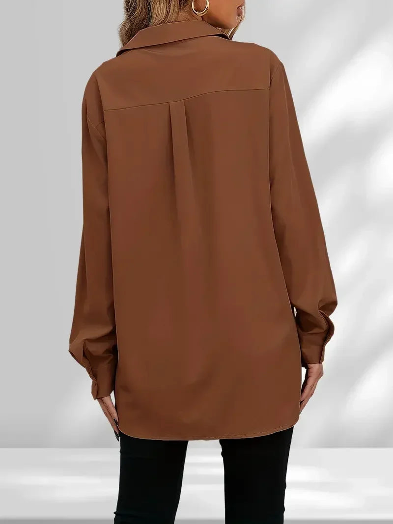 Plus Size 1Xl-5XL Women's Fashion Blouse Women's Solid Button Up Long Sleeve Turn Down Collar Blouse Pockets