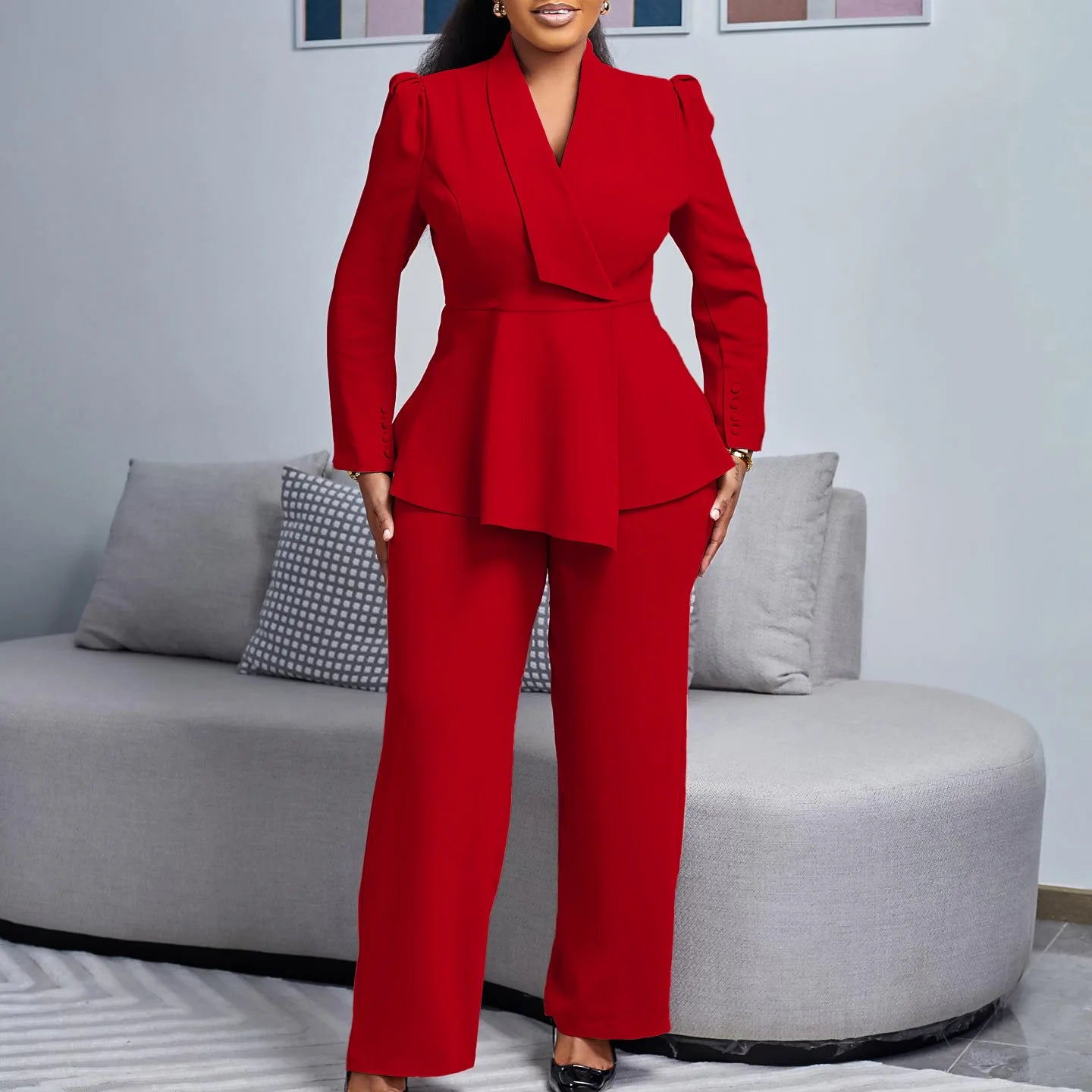 Women Two Pieces Set Elegant Long Sleeves Tops High Waist Pants Trousers Modest Office Ladies Work Wear Business Suit New