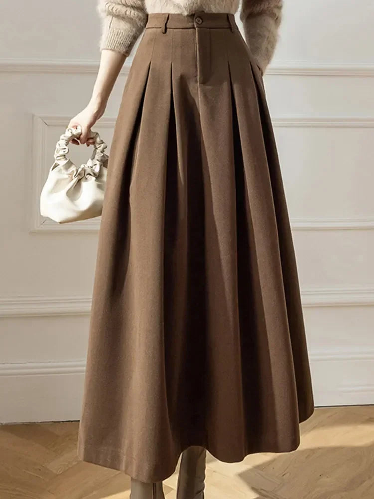 Women Maxi Skirt Elegant Office Lady Long Skirt Autumn Winter Warm Pleated Skirts Ladies Casual Loose A-Line Skirt Female