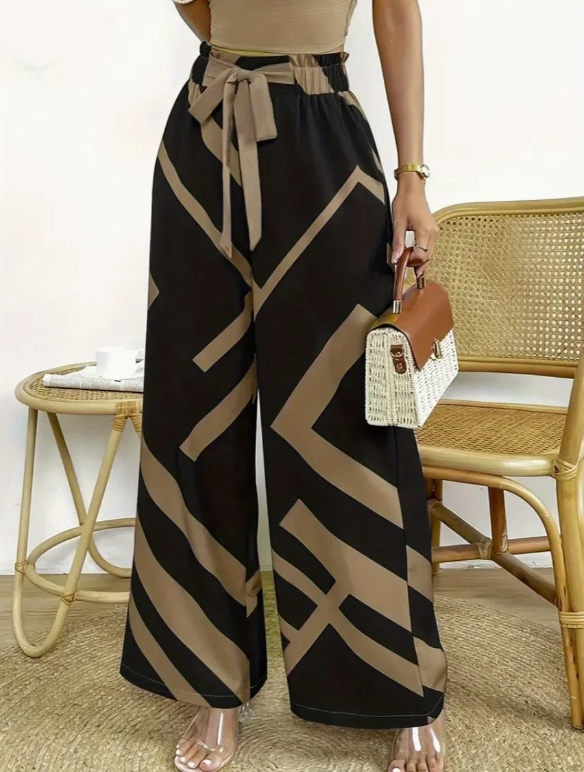 Geometric Pattern Print Wide Leg Pants Casual Loose Bow Front High Waist Pants For Every Day, Women's Clothing
