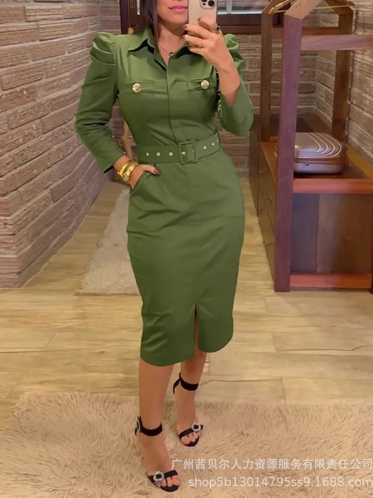Women Elegant Turn-Down Collar Midi Dresses Autumn Long Flutter Sleeve Slim Fit Mid-Calf Dress With Slit Fashion Female