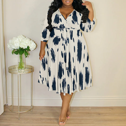Women's Plus Size Abstract Print Pleated Midi Dress V-Neck 3/4 Sleeve Spring Summer Casual Party XL-6XL