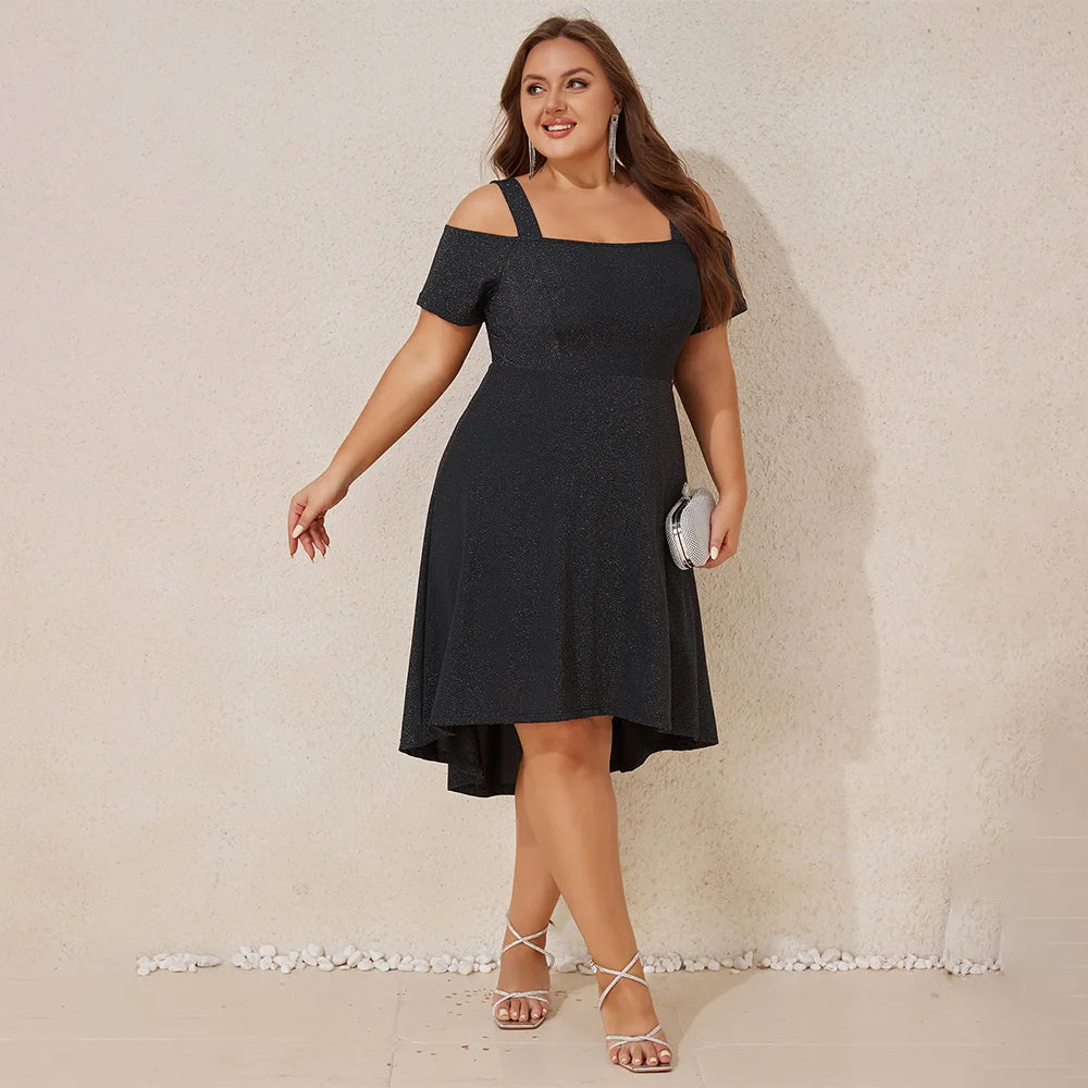 Plus Size Women's Elegant Cold Shoulder A-Lined Midi Dress Ladies Banquet Evening Party Cocktail Ball Gown Sundress Size 0XL-5XL