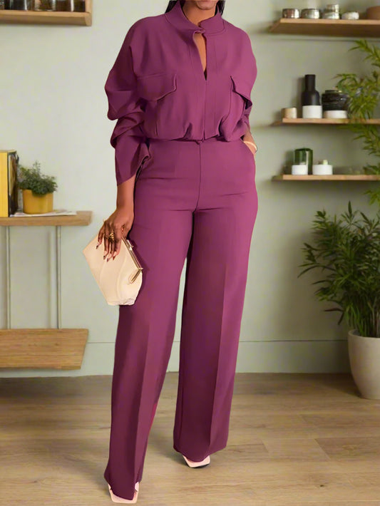 Wishyear Women's Casual Office Suit Autumn Fashion Purple Loose Long Sleeve Shirt Top And Wide Leg Pants Two-Piece Set Outfits