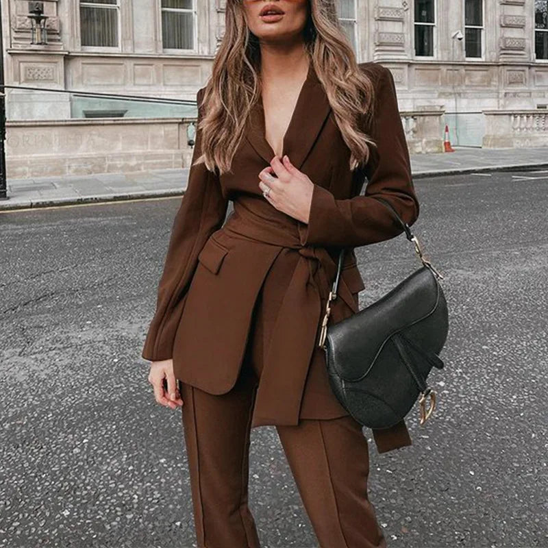 Autumn Winter Women Pants Set Office Lady Elegant 2025 Long Sleeve Blazer Coat Slim Pants Two Piece Suit Set Outfits