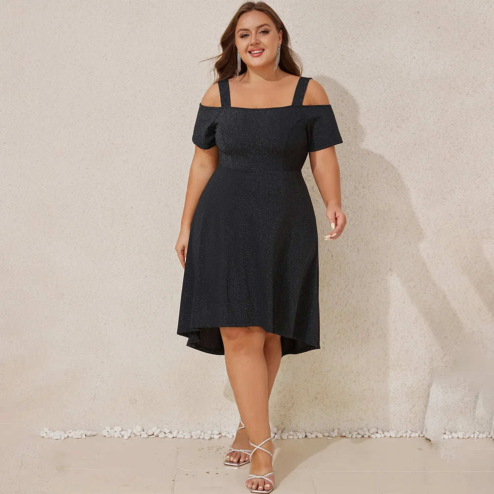 Plus Size Women's Elegant Cold Shoulder A-Lined Midi Dress Ladies Banquet Evening Party Cocktail Ball Gown Sundress Size 0XL-5XL