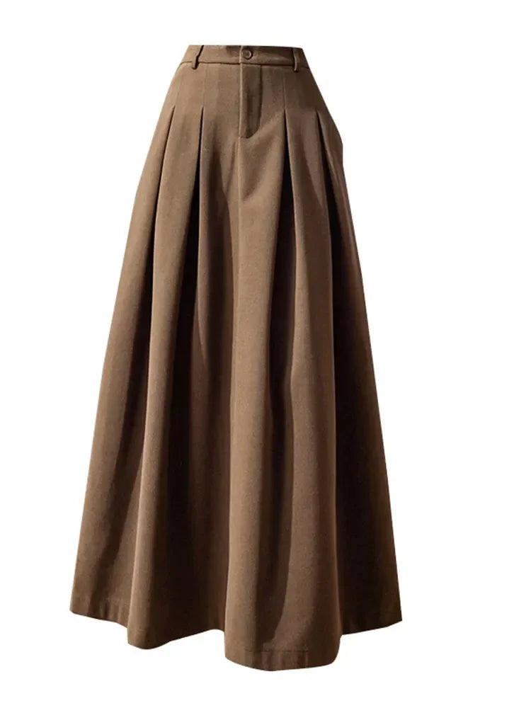 Women Maxi Skirt Elegant Office Lady Long Skirt Autumn Winter Warm Pleated Skirts Ladies Casual Loose A-Line Skirt Female