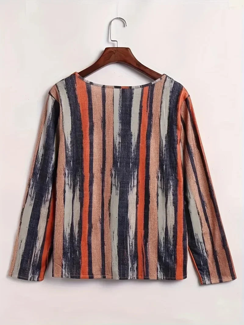 Women's Plus Size 1XL-8XL Casual Comfortable Long Sleeve Top Fashion V-neck Striped Breathable T-shirt Women
