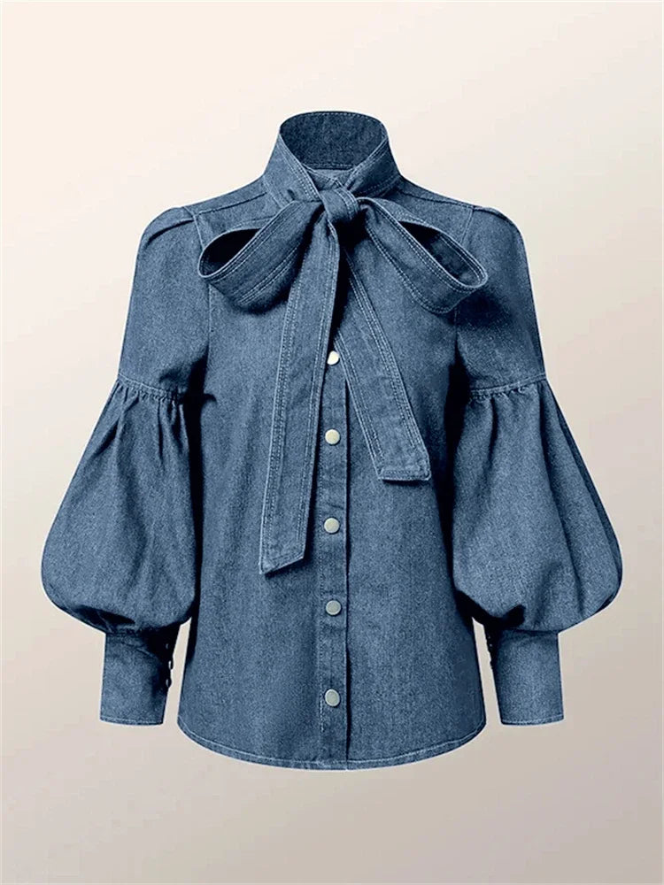 Women Fashion Bow Design High Neck Blouses  New Spring Autumn Puff Sleeves Imitation Denim Casual Office Shirts Tops