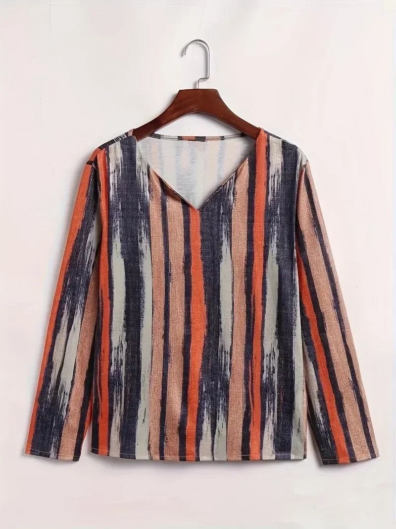 Women's Plus Size 1XL-8XL Casual Comfortable Long Sleeve Top Fashion V-neck Striped Breathable T-shirt Women