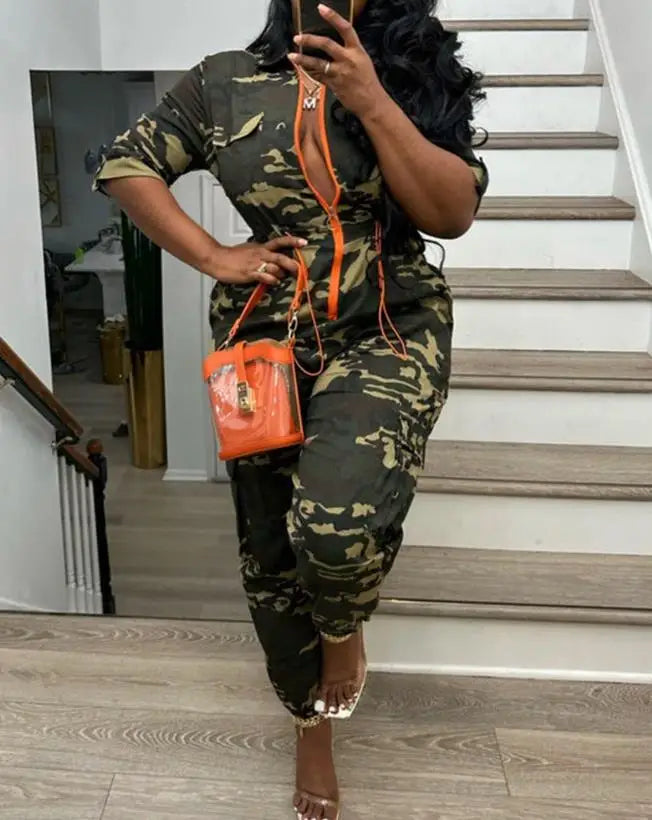 Fashion Jumpsuits for Woman 2025 Camouflage Print Zipper Pocket Design Casual One Pieces Jumpsuit Streetwear Y2K Clothing