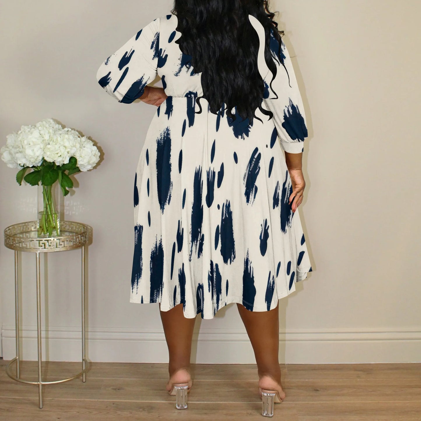 Women's Plus Size Abstract Print Pleated Midi Dress V-Neck 3/4 Sleeve Spring Summer Casual Party XL-6XL