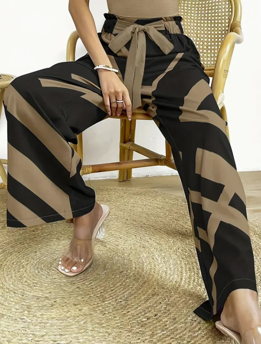 Geometric Pattern Print Wide Leg Pants Casual Loose Bow Front High Waist Pants For Every Day, Women's Clothing